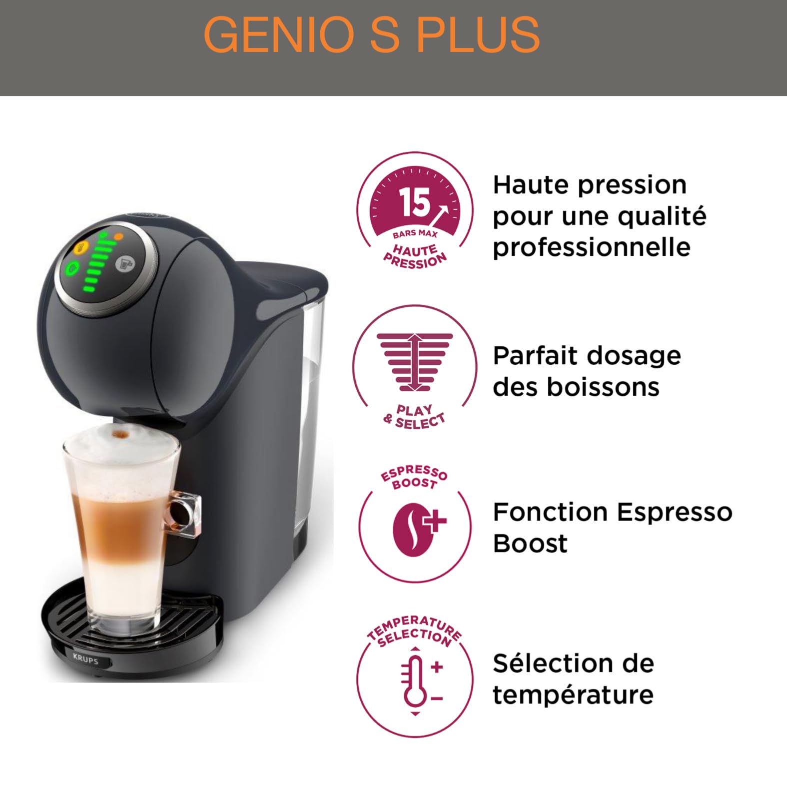 Opalineo - Dolce Gusto Machine à café capsules, Cafetière multi boissons, Pression 15 bars, Capacité 0,8 L, Fonction XL, Arrêt automatique, Genio S Plus gris KP340B10