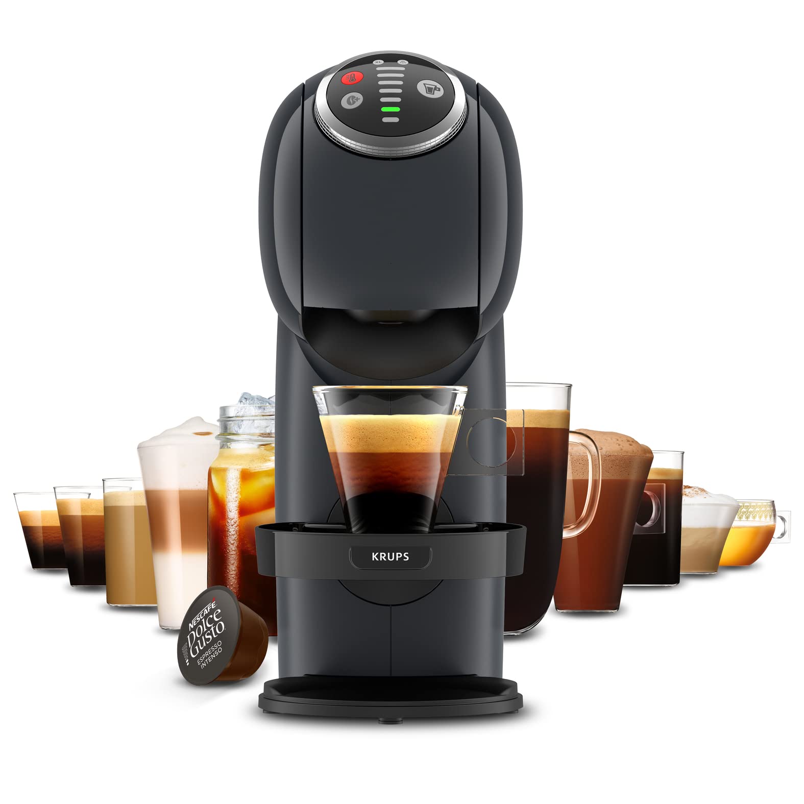 Opalineo - Dolce Gusto Machine à café capsules, Cafetière multi boissons, Pression 15 bars, Capacité 0,8 L, Fonction XL, Arrêt automatique, Genio S Plus gris KP340B10